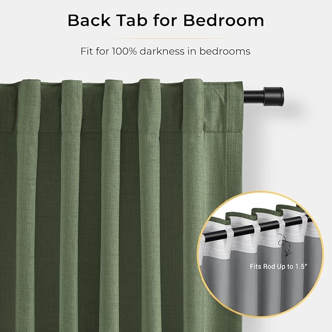 INOVADAY 100% Blackout Curtains for Bedroom, Moss Green Black Out Curtains 80 Inch Long, Clip Rings Linen Blackout Drapes, Thermal Insulated Room Darkening for Living Room, 2 Panels - W50xL80