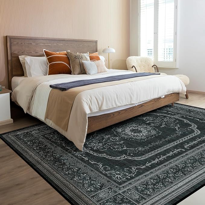 8x10 Large Area Rugs for Living Room, Black Low Pile Machine Washable Rug for Bedroom, Non-Slip Floral Print Durable Vintage Carpet for Dinning Room, Kitchen, Outdoor