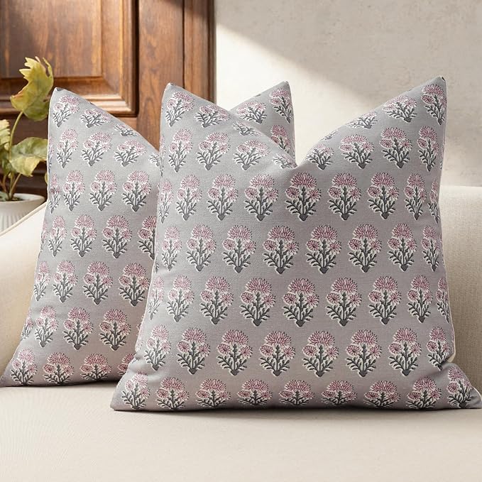 Farmhouse Floral Pillow Covers 18x18 Set of 2, Country Botanical Throw Pillow Cover for Sofa Couch Bed Living Room, Earthic Vintage Flower Cushion Covers Cottage Home Decor,Dusty Rose