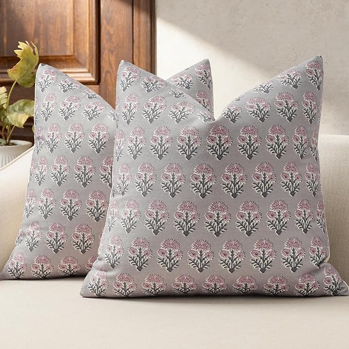 Farmhouse Floral Pillow Covers 20x20 Set of 2, Country Botanical Throw Pillow Cover for Sofa Couch Bed Living Room, Earthic Vintage Flower Cushion Covers Cottage Home Decor,Dusty Rose