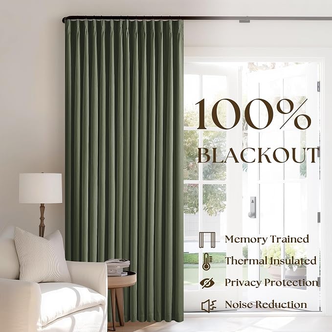 TWODRAPES Olive Green Blackout Linen Curtains 108 Inches Long Pinch Pleated | 100% Black Out Curtains Lined 2 Layers, Memory Shape, Noise Reducing, Room Darkening, for Living Room Window, 40x108 2 Panels