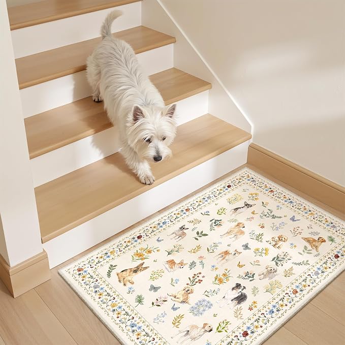 Soalmost 2x3 Dog Rugs for Entryway, Washable Door Mat Animal Soft Rug Beige | Floral Small Cute Area Rug Non-Slip Low Pile Throw Rugs for Entrance Kitchen Indoor Front Door Kids Room 2' x 3'