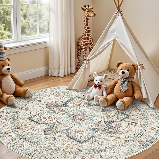 Tortania 6' Round Area Rug Living Room Rugs - Washable Boho Rug Vintage Oriental Distressed Farmhouse Large Thin Indoor Carpet for Bedroom Under Dining Table Home Office - Aqua Multi