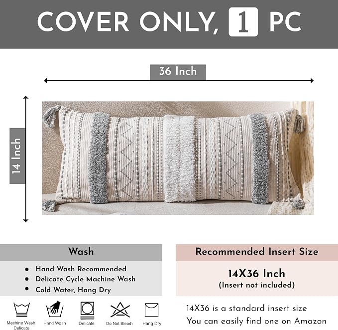 BlissBlush 14x36 Lumbar Pillow Cover for Bed, Rectangular Long Decorative Throw Pillowcase, Boho Accent Cushion with Gray Tufted Pattern and Tassels, Cream Neutral (Cover Only)