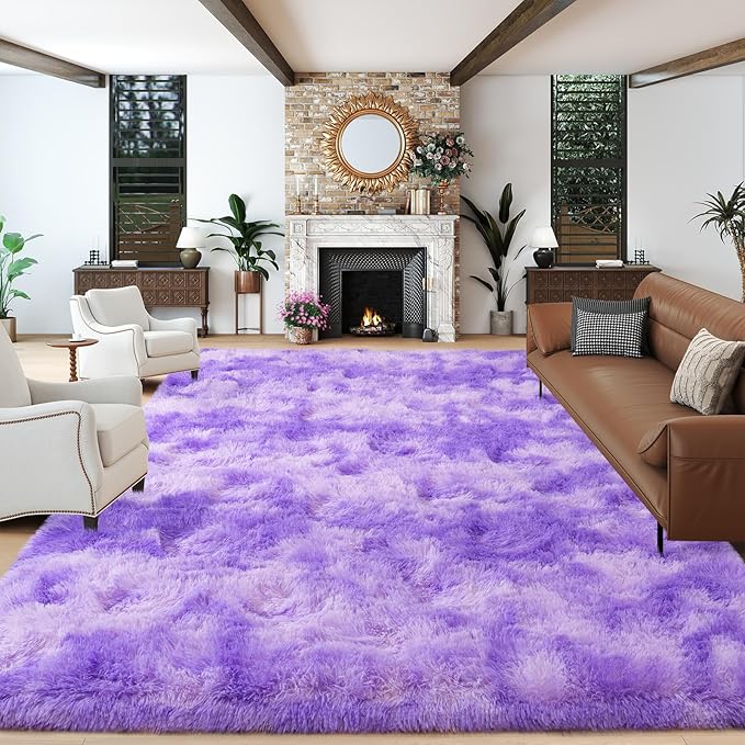Dssimo 9x12 Area Rugs for Living Room, Purple Tie-Dyed Plush Fluffy Carpet | Upgrade Non-Slip Thick Large Plush Shag Rugs for Nursery Kids Room Dorm Room Home Decor, Indoor Plush Floor Carpet