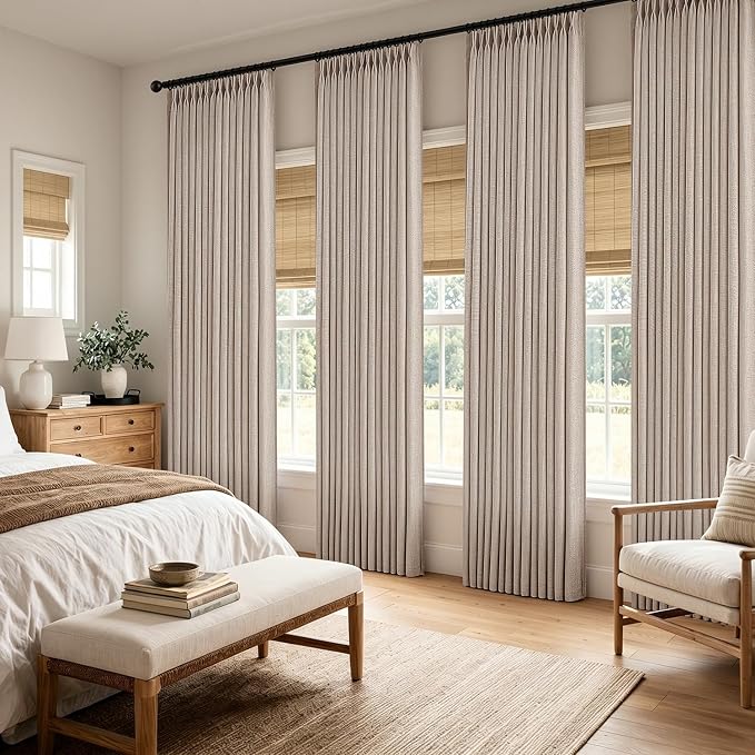MIULEE 4 Panels Set Pinch Pleated Linen Curtains 90 Inches Long for Living Room Bedroom, Thick Linen Textured Memory Trained Pleat Drapes Back Tab Light Filtering Taupe Window Curtains with Hooks