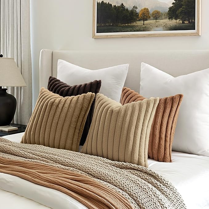 MIULEE Faux Fur Plush Decorative Throw Pillow Covers 20x20 Set of 4, Boho Fall Farmhouse Soft Fuzzy Striped Cushion Covers for Sofa Couch Bed Living Room Vintage Rustic Home Decor,Dark Brown