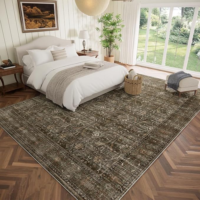 Boho Washable 10x14 Area Rugs for Living Room, Cushioned, Red/Brown | Vintage Non-slip Neutral Oriental Rugs for Bedroom Dining Room Nursery Office High Traffic Area
