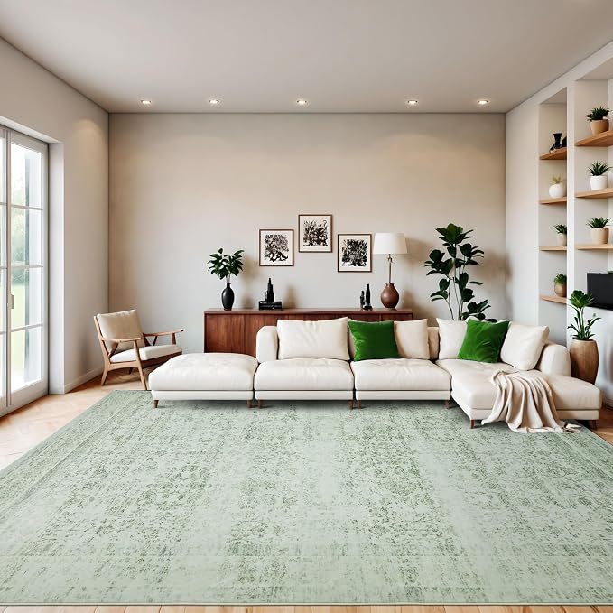 5x7 Vintage Washable Area Rug, Light Green | Living Room,Low Pile Non Slip Carpet Non-Shedding,Soft Indoor Stain Resistant ,Floral Print Mat for Bedroom Dining Room