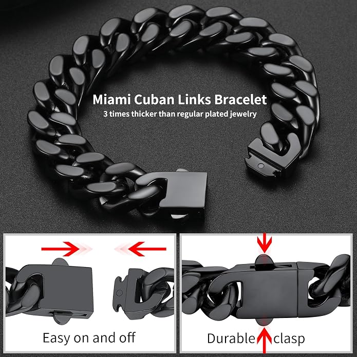 ChainsHouse Stainless Steel Cuban Link Bracelet for Men, 5mm/7mm/9mm/12mm Width, 7.5"/8.3"/9" Length, Black/18K Gold Plated Chain Wrist Bracelets for Men, with Gift Box