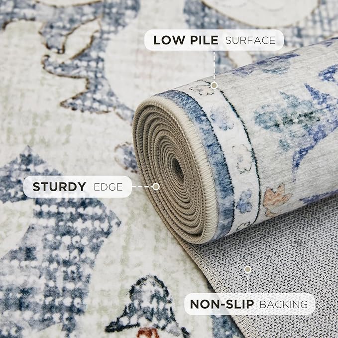 Joydeco Washable 2x5 Hallway Runner Rug Vintage, Blue Grey | Water Resistant Low Pile Non Slip Backing for Kitchen Entryway Bathroom Dining Room