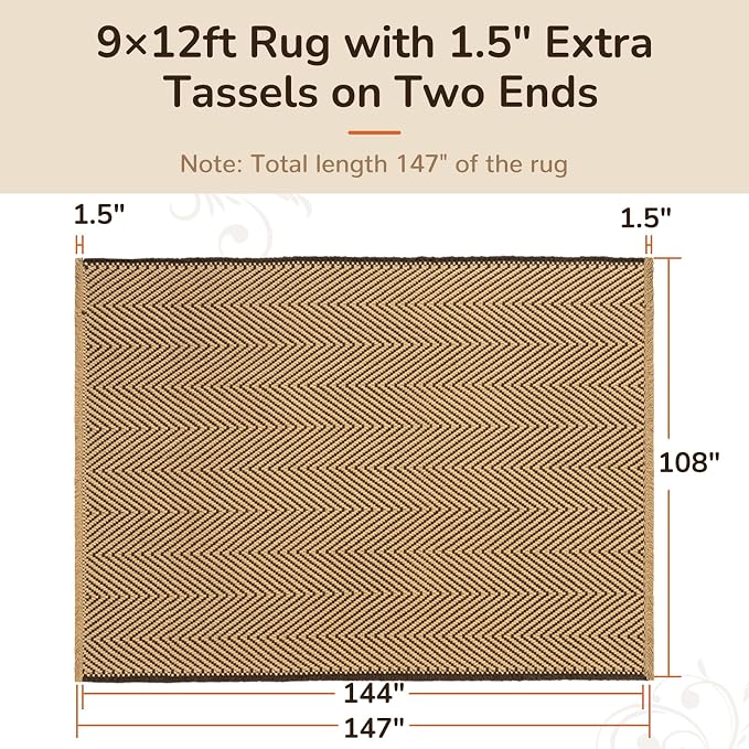 9x12 Washable Boho Area Rug with Tassels for Living Room Beige Coffee | Vacuum Friendly, Machine Washable, Non-Slip Rug, Modern Farmhouse Neutral Decor Carpet, Bedroom Dining Room Office Kitchen