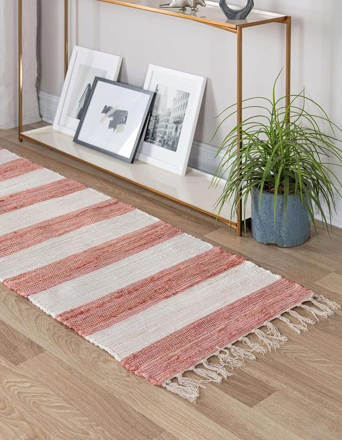 Unique Loom Chindi Rag Collection Area Rug - Striped (2' 2" x 6' 1" Runner, Coral and Ivory)