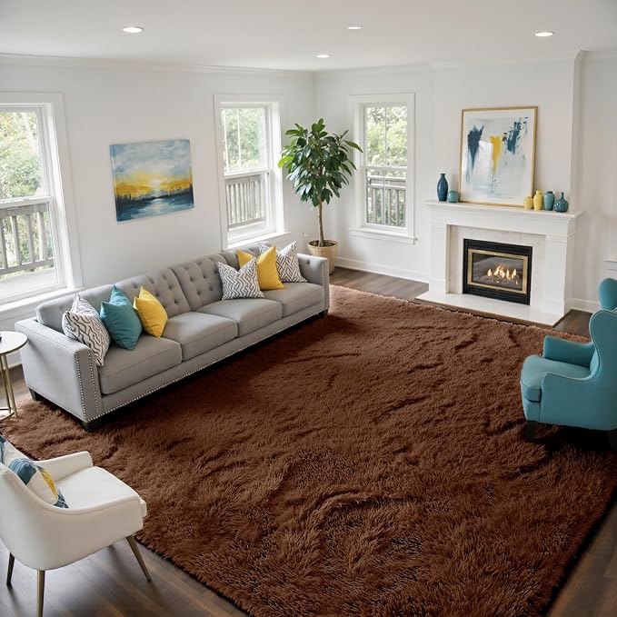 yongyangjuxin Fluffy Rug Shag Area Rug, Brown 10x14 Area Rugs for Bedroom, Super Soft Shag Rugs for Living Room Bedroom Room Home Decor, Upgrade Anti-Skid Rectangular Fuzzy Rug