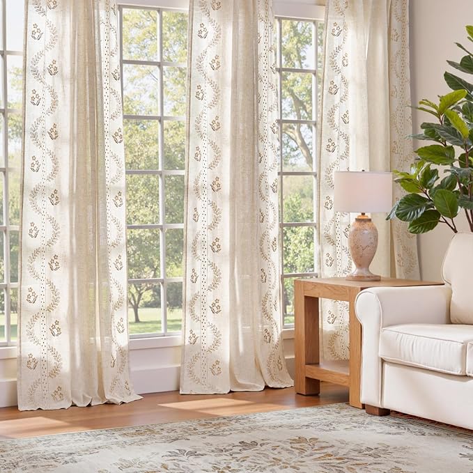 jinchan Floral Linen Curtains 90 Inch Farmhouse Back Tab 2 Panels Beige | Embroidered curtains,boho curtains,living room,bedroom,light filtering,privacy,flower patterned drapes,window treatment