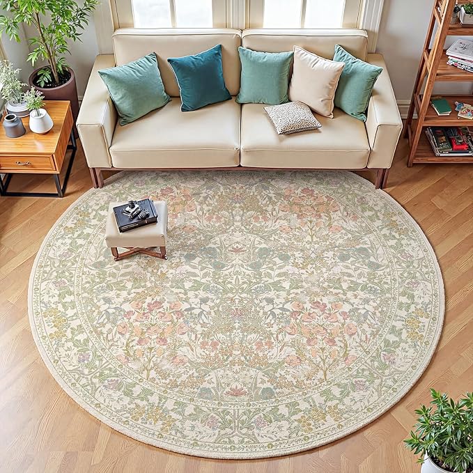 Lunasun Classic 7ft Round Sage Green Rugs for Living Room - Washable Non Slip Floral Area Rugs for Bedroom, Dining Under Table, Kids Room, Home Office, Vintage Indoor Décor