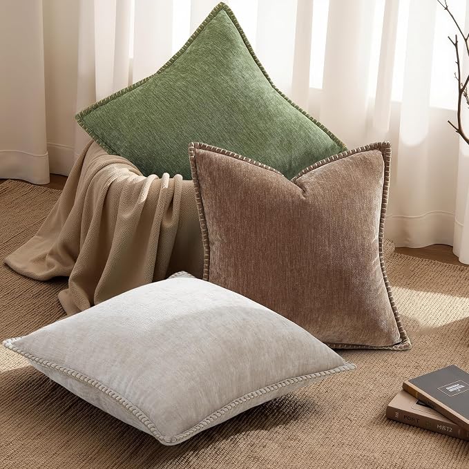 decorUhome Soft Chenille Throw Pillow Covers 26x26 Set of 2 Brown | Fall Textured Decorative Throw Pillow Cases Stitched Edge Modern Farmhouse Luxury Boho Velvet for Couch Sofa Bed Home Decor