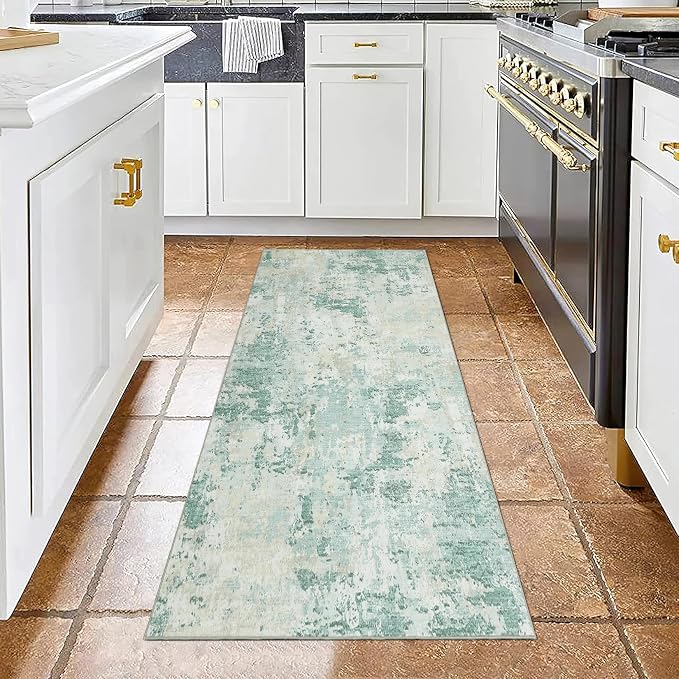 ROYHOME Modern Abstract 2x10 Runner Rug Washable Non Slip Stain Resistant Rug for Hallway Kitchen Bedroom Non Shedding Low Pile Indoor Floor Cover,Green