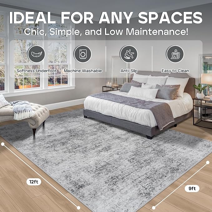 9x12 Area Rugs for Living Room Rug Washable: Modern Large Rug for Dining Room Bedroom Carpet Non Slip 9 by 12 Indoor Abstract Nursery Home Office Grey