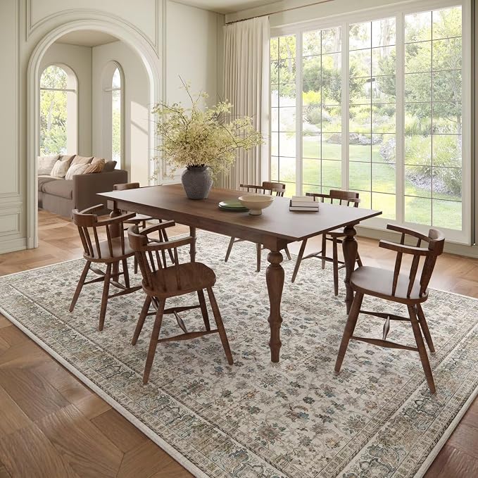Boho Washable 8x10 Area Rugs for Living Room, Cushioned, Cream/Blue | Vintage Non-slip Neutral Oriental Rugs for Bedroom Dining Room Nursery Office High Traffic Area