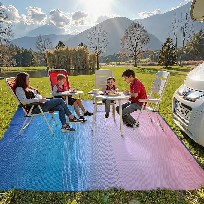 Lahome 9x12 Pink Outdoor Pool Picnic Rug, Pink Blue Beach Camping Rugs for Outside Your Rv, Waterproof Plastic Straw Stain Resistant Deck Carpets for Patio Porch Decor, Pink Blue 9'x12'