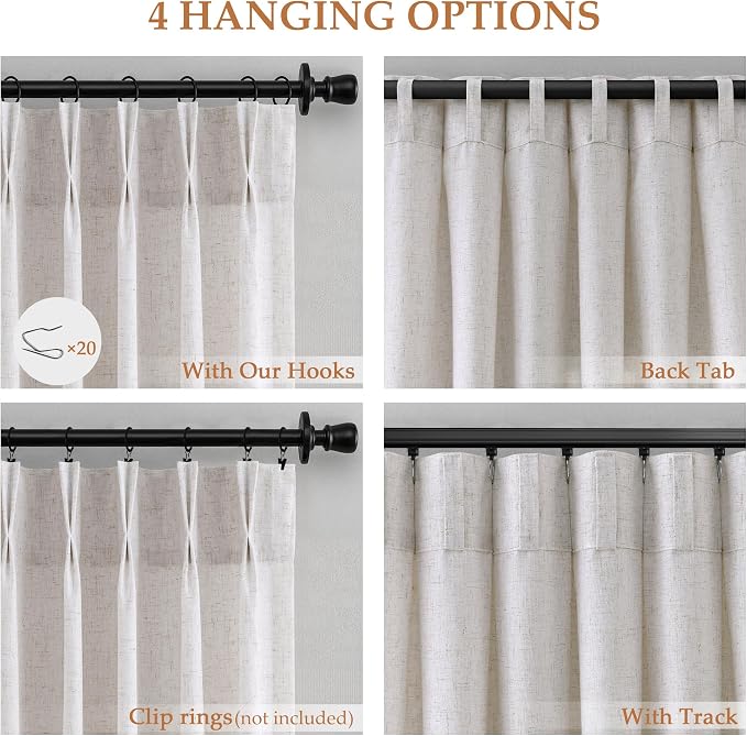 Aersas Beige White Pinch Pleated Linen Curtains 63 Inch Length 2 Panels for Living Room Bedroom Semi Sheer Window Curtain Boho Neutral Back Tab Pinch Pleat Drape with Hooks 40x63