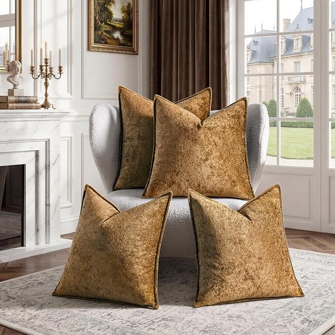 a moment Throw Pillow Covers 22X22 Inch 4 Packs,Soft Velvet Decorative Pillow Cases with 3D Ice Flower,Texture Modern Accent Cushion Covers for Sofa Couch Home Decor Golden Brown