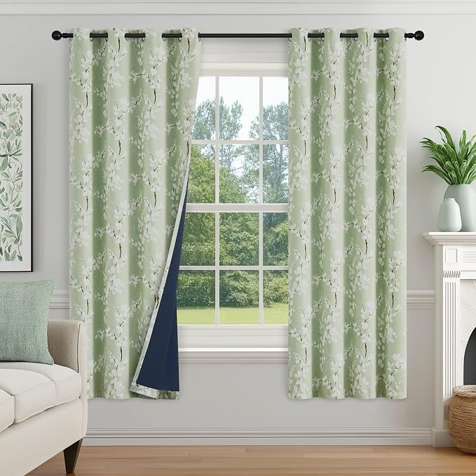 FMFUNCTEX 100% Blackout Green Floral Curtains 63 Inch Grommet 2 Panels | Black Out Drapes, Thermal Insulated Cottage Farmhouse, Blossom Flower Patterned Curtain for Bedroom, Living Room Darkening