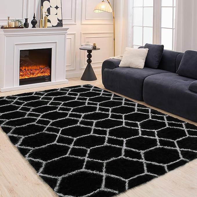 Fluffy Rug for Bedroom, Soft 4x6 Black Shag Plush Geometric Area Rugs | Modern Black and White Rug, Non Slip Carpet for Living Room, Aesthetic Home Decor, Fuzzy Floor Mat for Nursery Teen Dorm