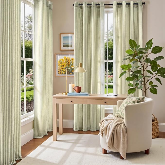 Vangao Linen Striped Curtains for Living Room Bedroom Farmhouse Tickingstripe Light Filtering Window Curtains Printed Drapes Grommet Top 2 Panels Green W50 x L108