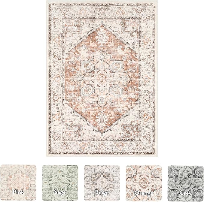 LIVEBOX 5x7 Area Rugs for Living Room, Washable Nursery Orange Boho Rug Soft Non-Slip, Low-Pile Vintage Medallion, Retro Faux Wool for Dining Room, Bedroom, Office