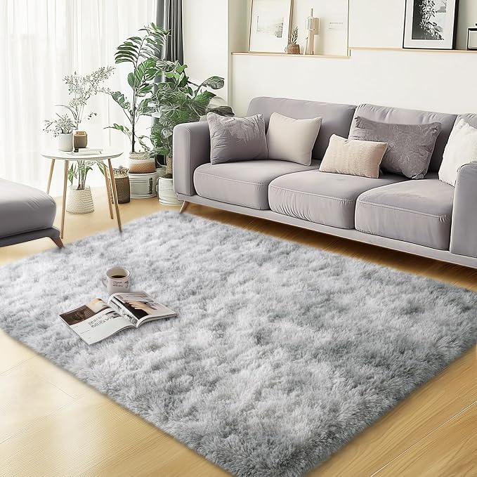 qulint 3x5 Area Rug for Bedroom, Fluffy Rug for Living Room, Tie-Dyed Grey | Plush Shag Small Carpet for Boys Room, Fuzzy Shaggy Alfombras for Nursery Dorm Besides Classroom Home Decor