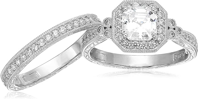 Amazon Essentials Platinum or Gold Plated Sterling Silver Antique Ring set with Asscher-Cut Infinite Elements Cubic Zirconia