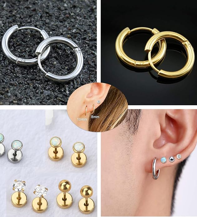 MJust Titanium Earrings for Sensitive Ears 20G Hypoallergenic Stud Hoop Earrings for Women Men Opal Ball CZ Heart Pearl Flat Back Earrings Cartilage Earrings Set