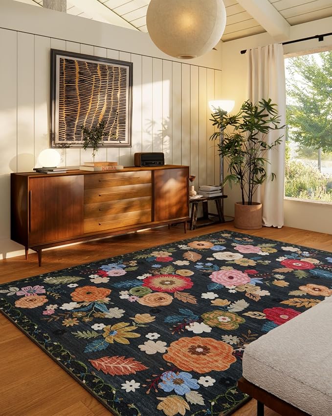6x9 Area Rugs for Living Room: Washable Bedroom Rug Non Slip Low Pile Soft Faux Wool Non Shedding Vintage Floral Large Carpet for Dining Room Under Table Nursery Entryway Home Office Farmhouse Indoor