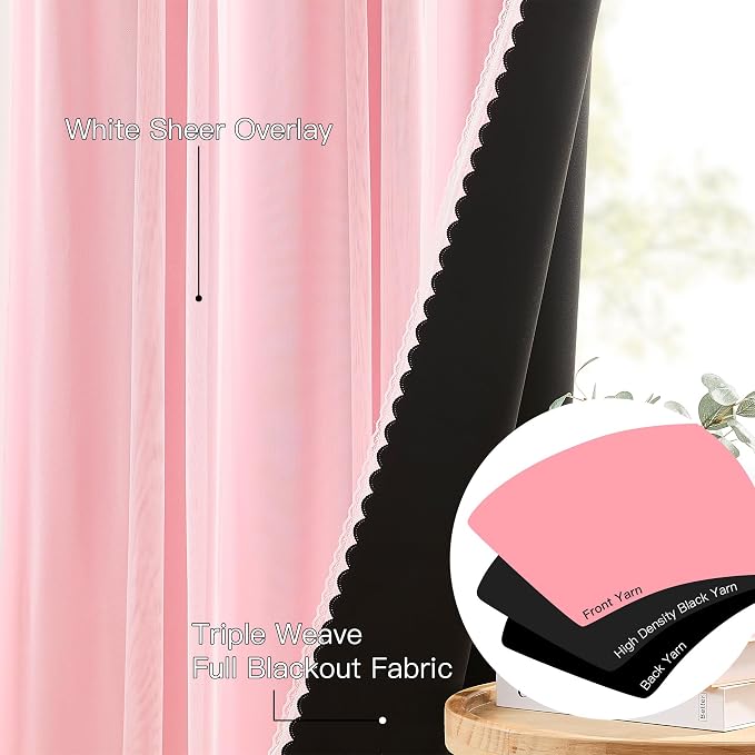 XiDi Pink Blackout Curtains with Sheer Overlay for Girls Kids Bedroom 96 Inches Long Princess Nursery Pink Lace Double Layer Curtains Thermal Insulated Room Darkening Grommet Drapes 2 Panels W34xL96