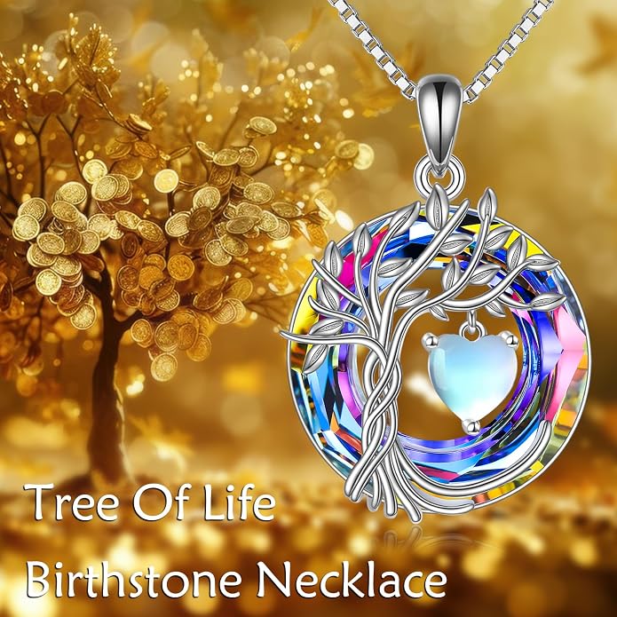 POPLYKE Mothers Day Gifts for Mom Her Wife Tree of Life Necklace 925 Sterling Silver Birthstone Pendant with Crystal Anniversary Birthday Wedding Jewelry for Women