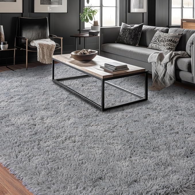 Dssimo Grey Rug 8x10 for Living Room Thick Fluffy | Ultra-Soft Plush Large Area Rugs Non-Slip Carpet for Bedroom, Nursery, Kids, Girl, Boy, Big, Fuzzy, Shaggy, Home Decor