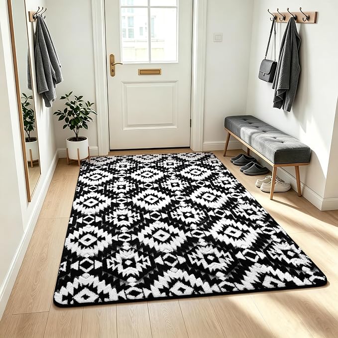 Macgace Soft Area Rug for Girls Bedroom, 3x5 Black and White Shag Rugs | Washable Non-Slip Backing Medium Pile Modren Geometric Fuzzy Carpet for Kids Room, Classroom, Living Room, Dorm
