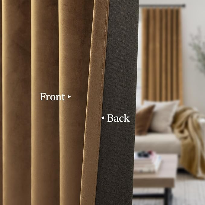 Pitalk Velvet Room Darkening Curtains Gold Brown for Living Room Divider Silk Satin Textured Thermal Soundproof Noise Reducing Drape for Master Bedroom Aesthetic Office Back Tab 72 Inch Length 2 Panel