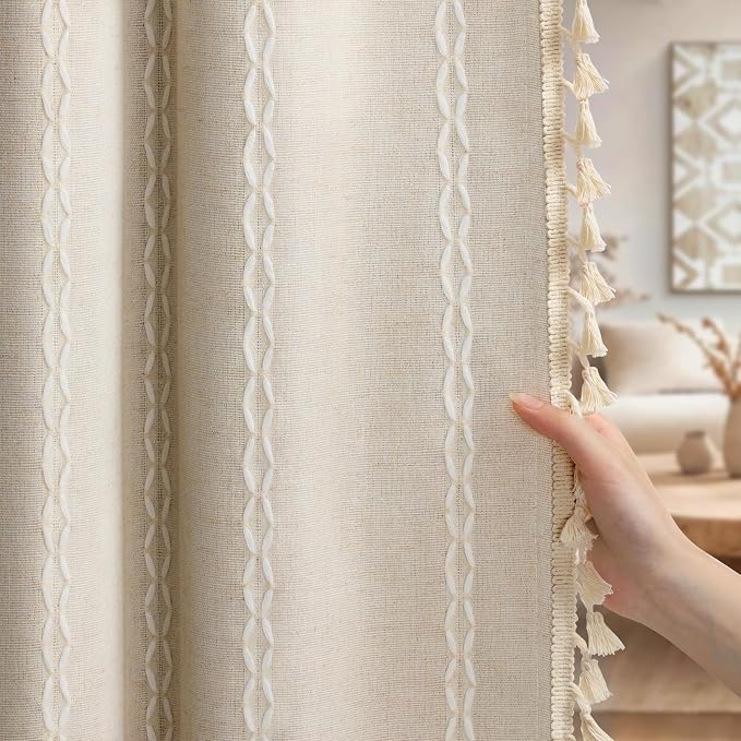 Boho Blackout Curtains 72 Inches Long Beige Linen Blend 2 Panels with Tassels and Cotton Embroidery, Farmhouse Vintage Rustic Rod Pocket Drapes for Living Room or Bedroom