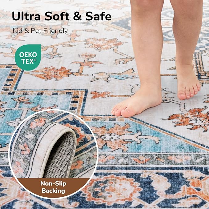 Lessymo 3x5 Washable Area Rugs for Living Room Bedroom Ktichen, Soft Boho Indoor Rug Non Slip, Vintage Carpet Low Pile for Dorm Office Dining Room Kids Room Hallway Entryway Bedside, Orange/Blue