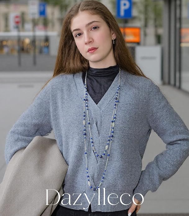 Long Beaded Silver Necklaces for Women Layered Long Statement Necklace with Stone Pearl Beads Double Sweater Chain Costume Jewelry for Women