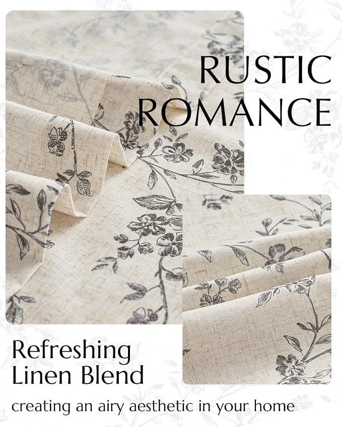 jinchan Black Floral Linen Curtains 63 Inch Farmhouse Back Tab 2 Panels | Flower patterned drapes, french country, printed, privacy, light filtering, bedroom, living room, dining room, home decor