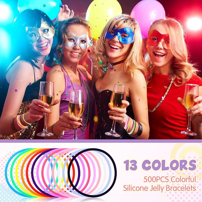 Nuenen 1000 Pcs Jelly Bracelets Bulk 80's Silicone Rubber Bracelets 13 Color Rainbow Glow Neon Stretchable Retro Wristbands Women Hair Ties for Party Favors Halloween Christmas Disco