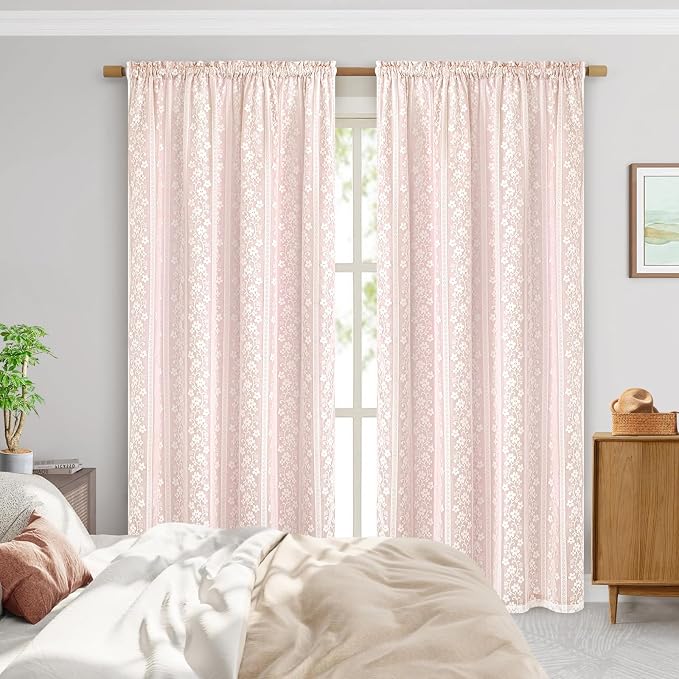 ASPMIZ Linen Pink Curtains for Bedroom, Double Layered Curtain 84 Inch Length 2 Panels Set, Farmhouse Rod Pocket Curtains & Drapes with Tiebacks, Light Filtering Curtain for Living Room, 52 x 84 Inch