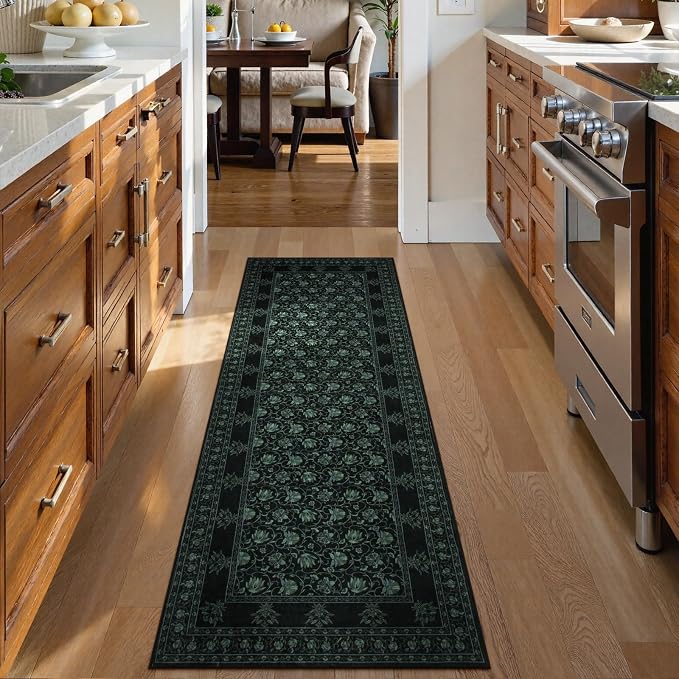 Lahome Black Kitchen Runner Rug 2x6, Low Plie Rug Runners for Hallways Non Slip, Vintage Floral Washable Runner for Entryway Laundry Room Bathroom (2'x6', Black/Green)