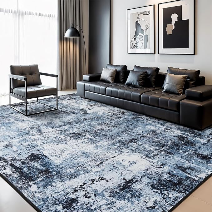 Rugflix 6x8 Area Rugs for Living Room, Washable Large Rug Stain-Resistant Low Pile, Modern Dark Carpet for Dining Room Home Office Kid Room Nursery Bedroom, Navy Blue/Black