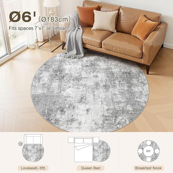 6Ft Round Area Rug for Living Room, 6x6 Washable Rugs Non-Slip Soft Large Modern Abstract Pattern Low Pile Carpet for Bedroom Indoor Floor Nursery Home Decor - Grey
