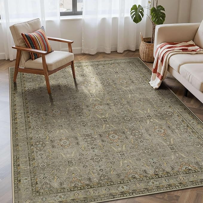 Rugxara 4x6 Area Rug Washable Rug for Living Room Bedroom, Olive Brown | Non Slip, Throw Rug for Entryway Dining Room Office Kids Room, Stain Resistant, Soft, Low Pile, Vintage Boho Floral Carpet